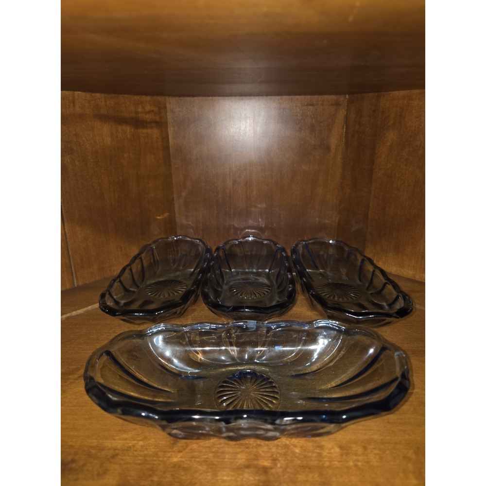4 Anchor Hocking Blue Glass Relish Banana Split Boats Butter Relish Dish Vintage